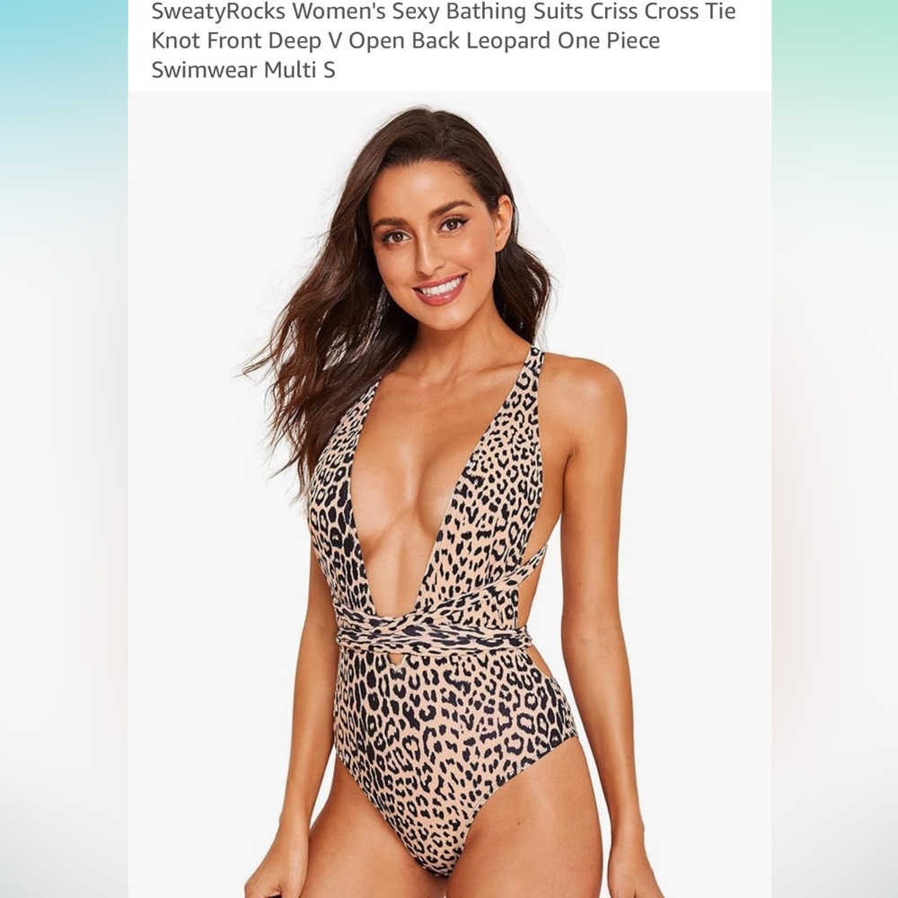 Amazon Leopard Print Criss Cross Halter One Piece Swimsuit, Small
